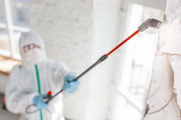 Coronavirus Pandemic. A disinfector in a protective suit and mask sprays disinfectants in the room.